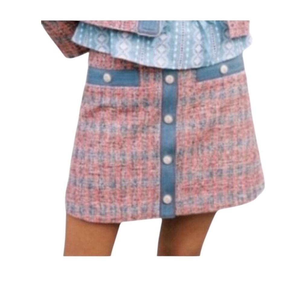 House of Harlow 1960 blue denim and pink button tweed skirt | Size 10